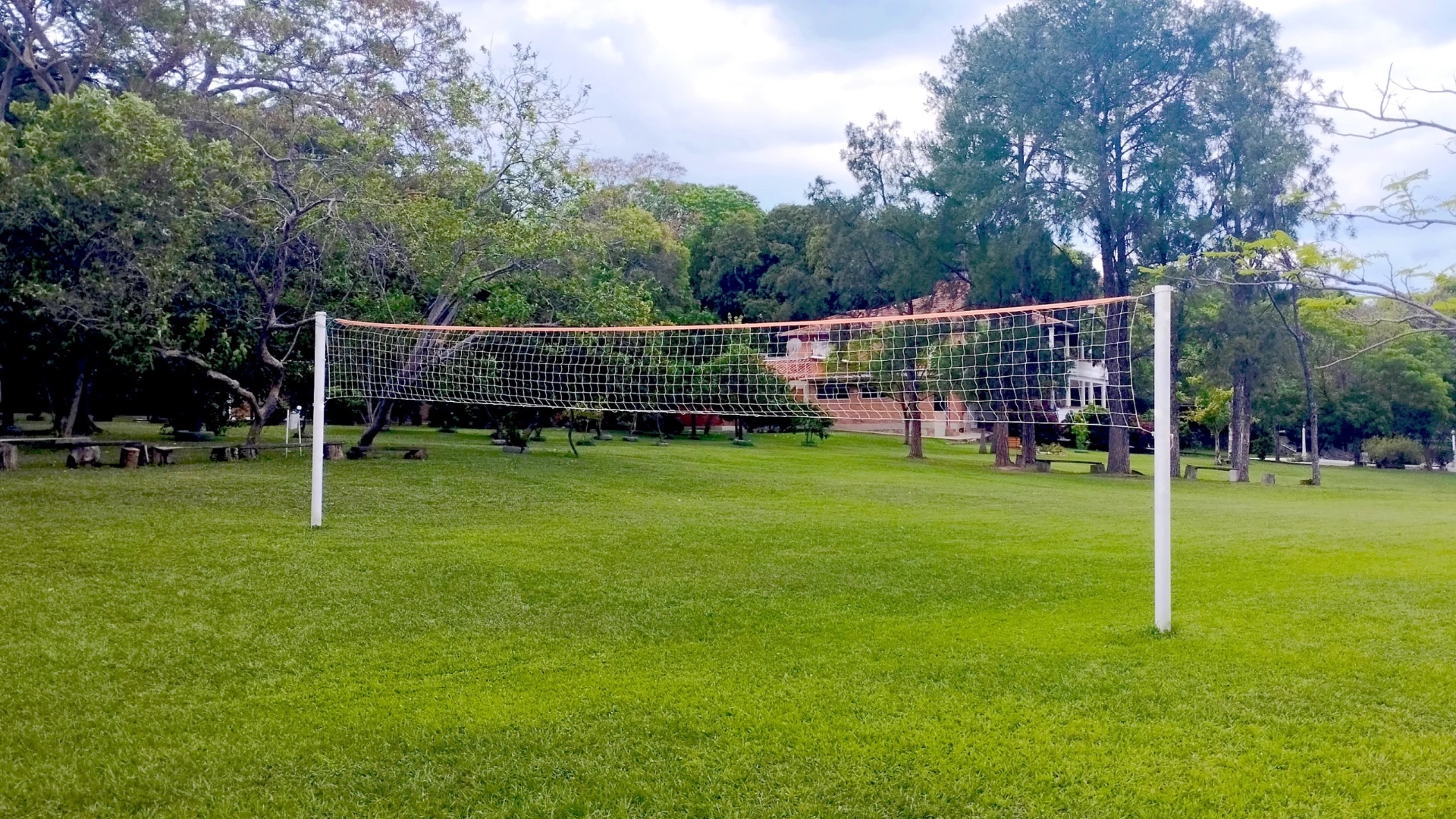 Cancha de vóley sobre césped entre árboles
